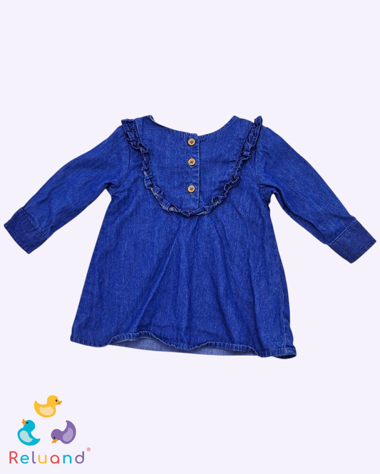 Conjunto X3 prendas, blusa en jean liviano, vestido amarillo con tiras doradas y body blanco con rayas azul, Talla 0 a 3 meses.