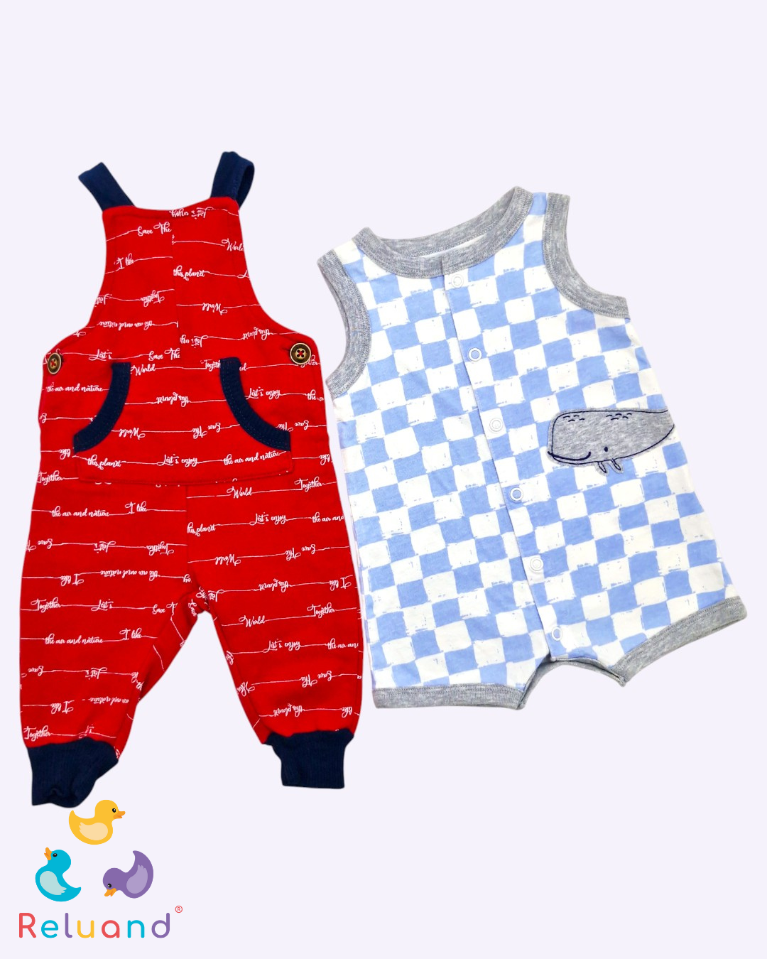 Set X2 prendas: overol rojo con letras blancas, jumper a cuadros con azul celeste y blanco con ballena, Talla 0 a 3 meses.