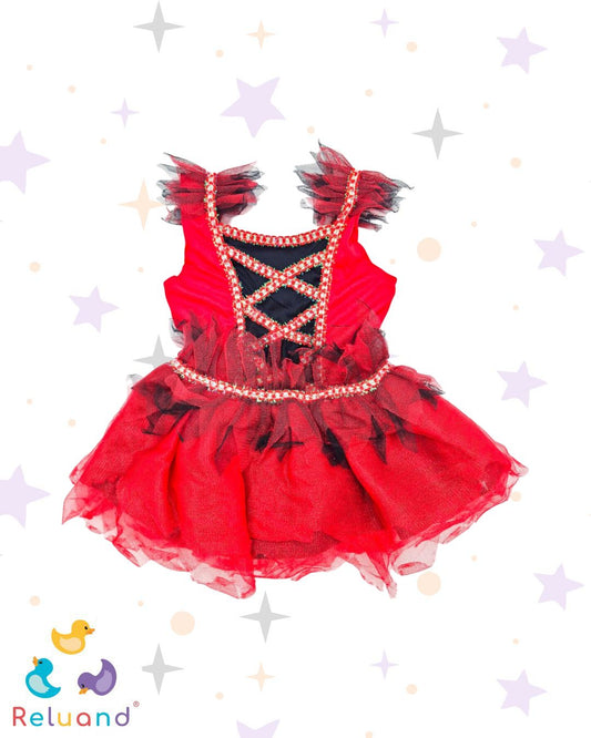 Disfraz de diablita en color rojo y negro con sus accesorios, talla 0 a 3 meses, incluye accesorios