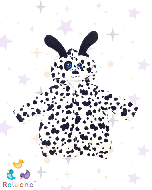 Disfraz perrito dálmata en colores negro y blanco, capota del personaje, marca Koalakids, talla 0 a 3 meses, incluye accesorios.