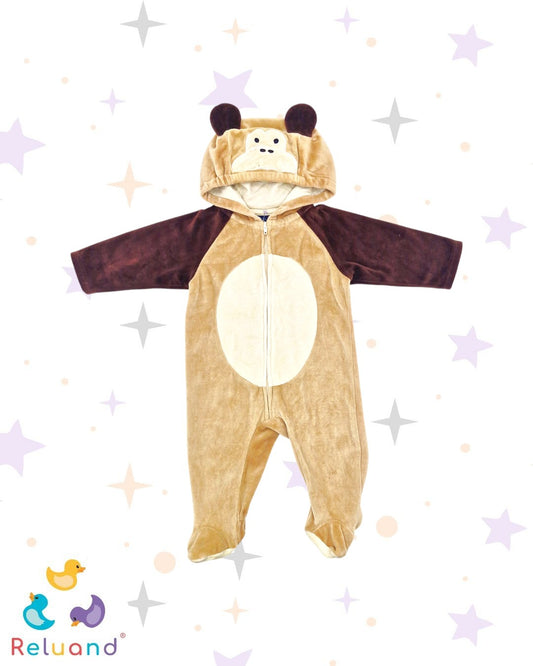 Disfraz de Mono en estilo pijama de felpa, suave con la piel de tu bebe, marca Faded Glory, talla 6 a 9 meses.