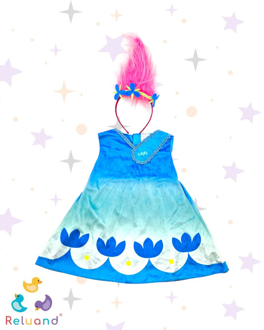 Disfraz de Troll en color azul celeste y rosado, Marca DreamWorks Trolls Worl Tour, talla 2T.
