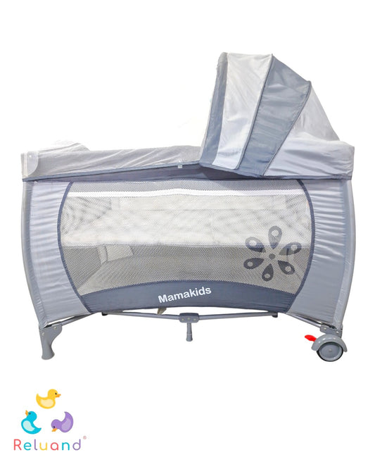 Cuna Corral Mama Kids Gris — Con Toldillo, Móvil y 3 Niveles | Usada