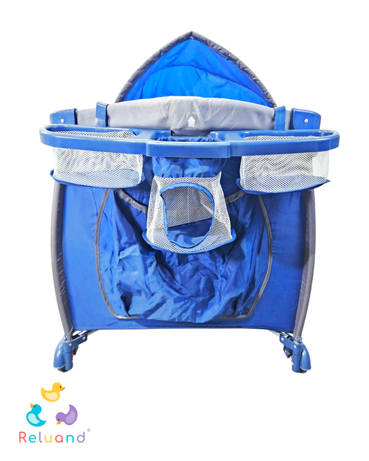 Cuna Corral Bebesit Traveler Azul Oscuro — Con Puerta, Capota y 2 Niveles | Usada
