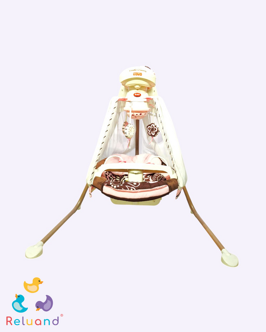 Silla vibradora color rosa con café, incluye velo que protege y accesorios, completamente funcional, Marca Fisher Price.