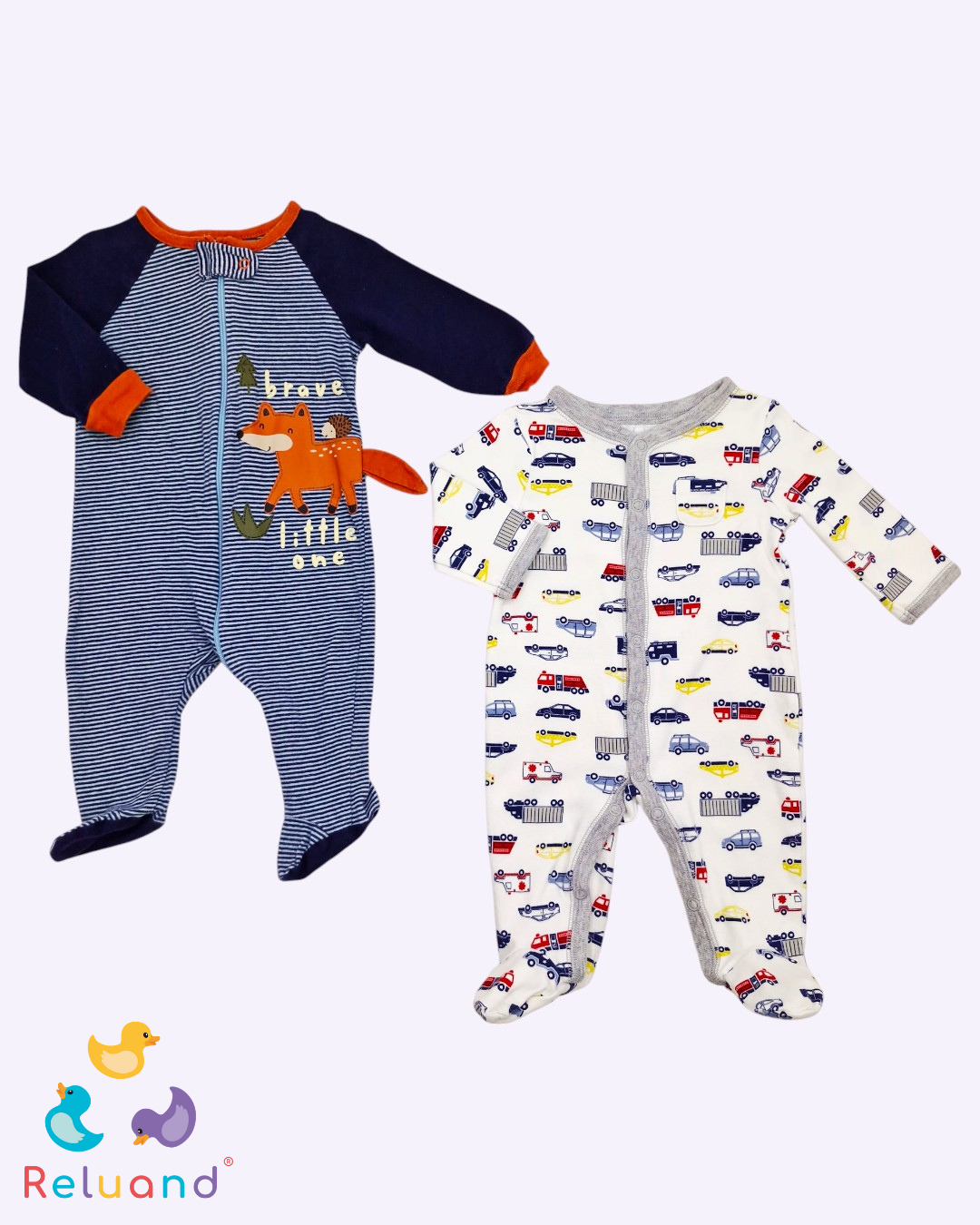 Set pijama X2 blanca con carros y azul con rayas y zorro, Talla 0 a 3 meses.