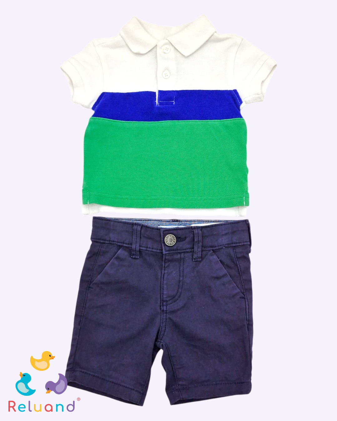 Conjunto Camibuso segmentos color verde, azul y blanco, short azul oscuro, Talla 0 a 3 meses.