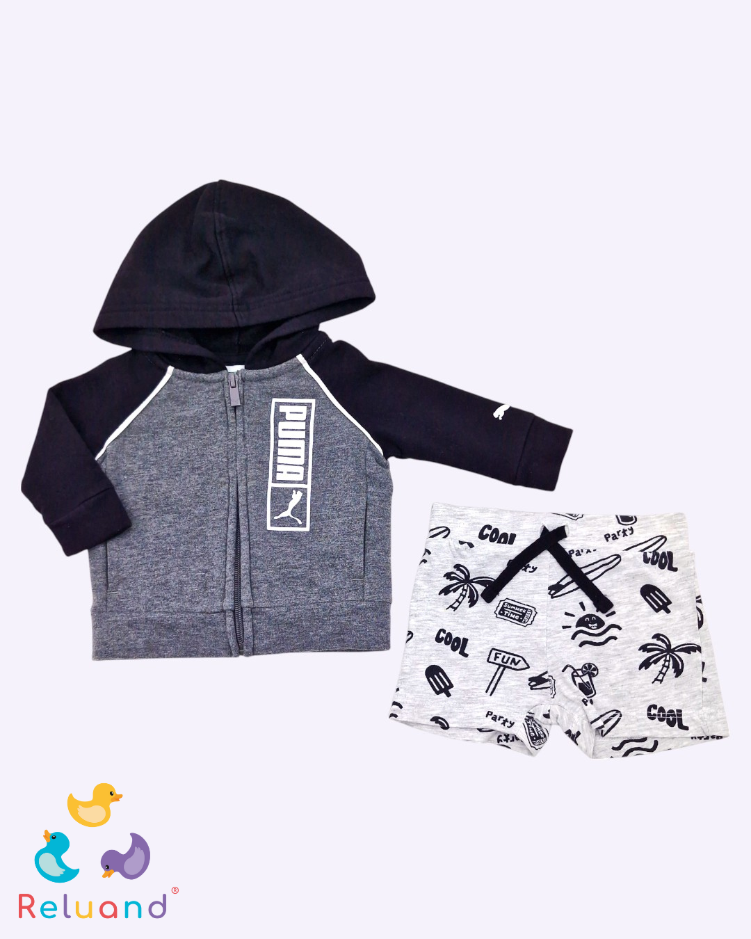 Conjunto saco negro con gris, shor gris con figuras en negro, Talla 0 a 3 meses.