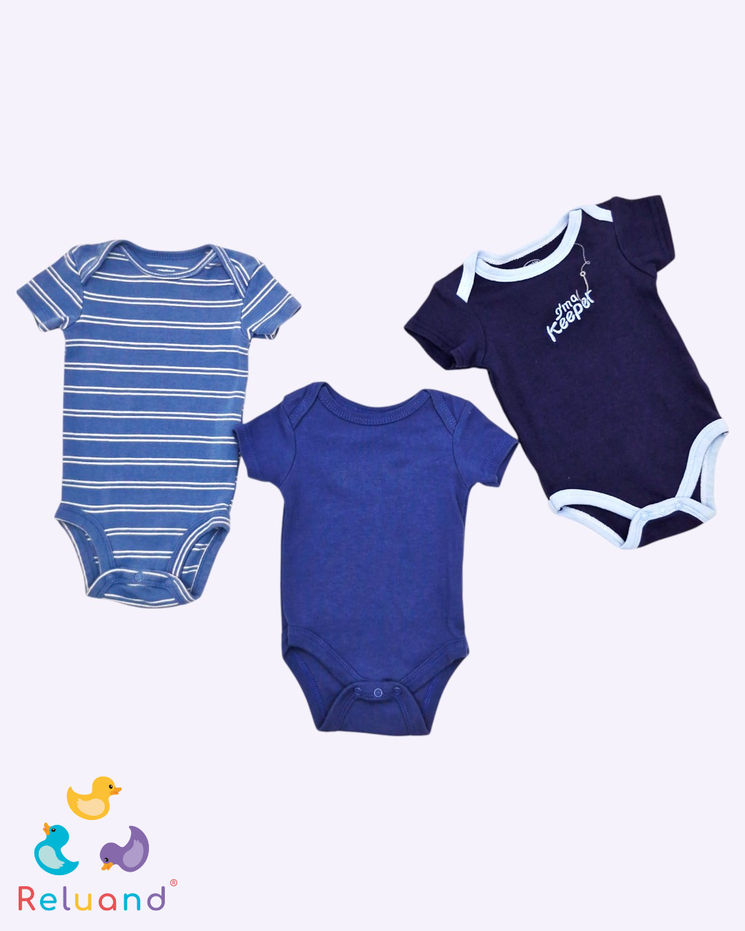 Set X3 bodies: azul con rayas blancas, azul unicolor y azul con bordado azul celeste, Talla 0 a 3 meses.