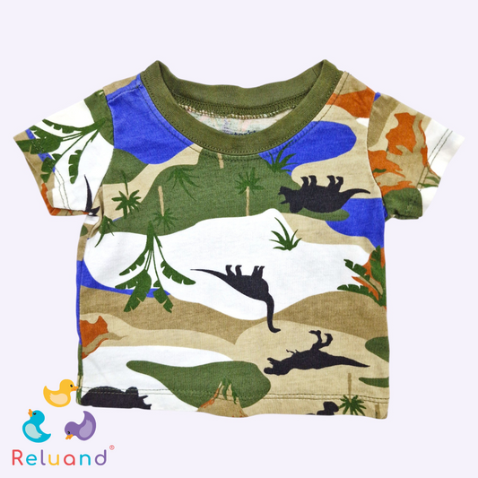 Conjunto 3 prendas camisilla dinosaurios, body militar y short beige, Talla NB.