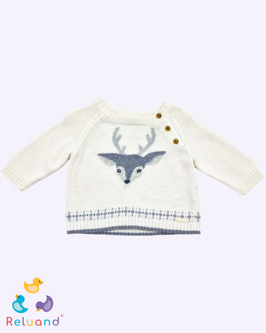 Saco tejido blanco con venado en color gris, Talla 0 a 3 meses.