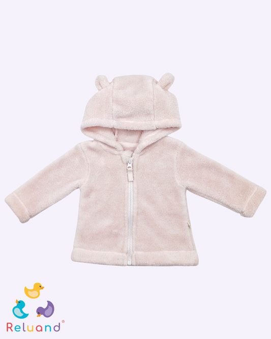 Saco palo de rosa, térmico en felpa y con capota de orejitas, Marca Baby Fresh, Talla 0 a 3 meses.