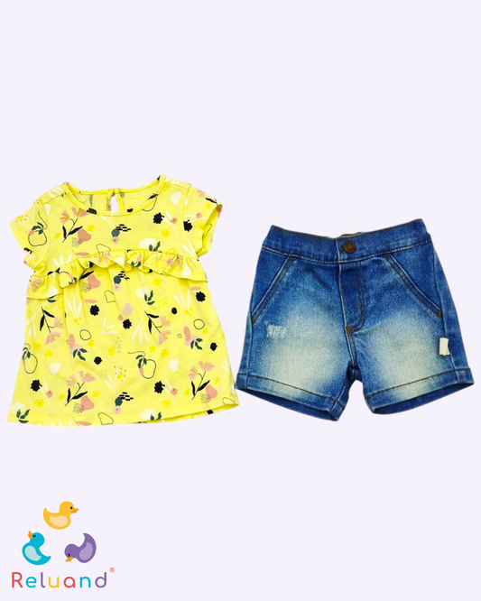 Conjunto short en jean y blusa en bolero amarilla con flores, Marca Offcorss, Talla 0 a 3 meses.