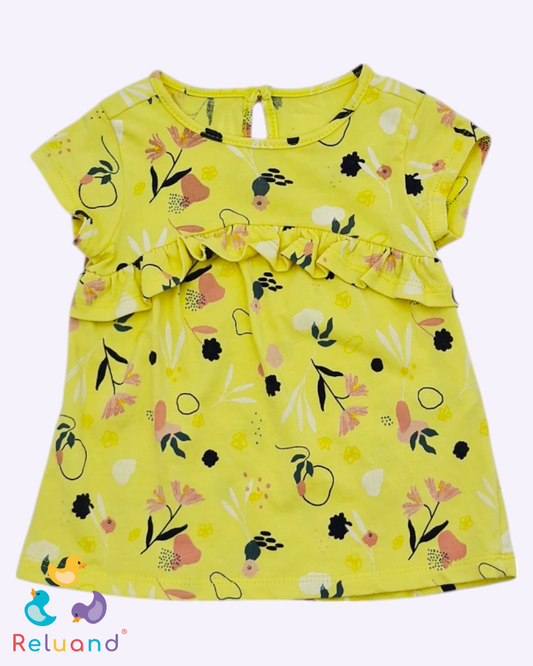 Conjunto short en jean y blusa en bolero amarilla con flores, Marca Offcorss, Talla 0 a 3 meses.