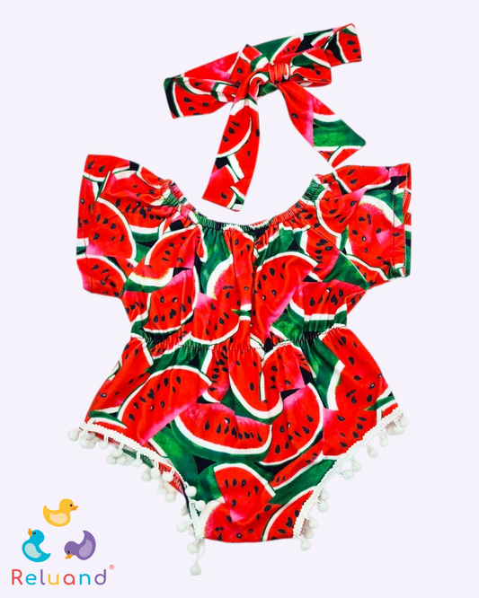 Body sandia en polca con accesorio para la cabeza, Talla 0 a 3 meses.