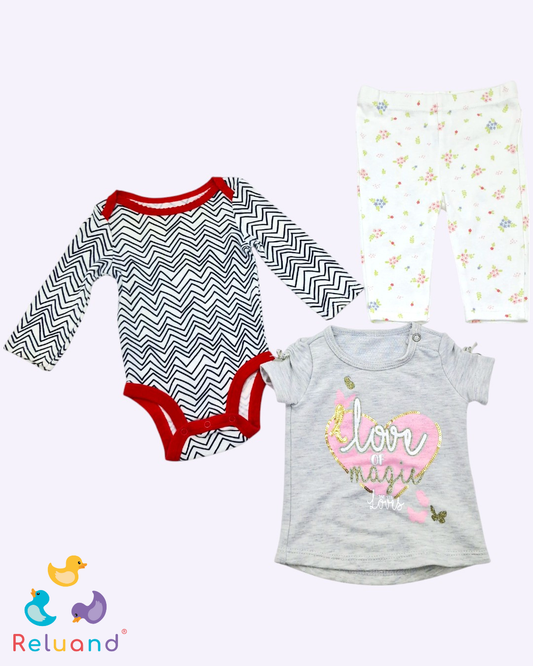 Conjunto X3 prendas, body a rayas en blanco y negro, blusa gris y pantalón floral, Talla 0 a 3 meses.