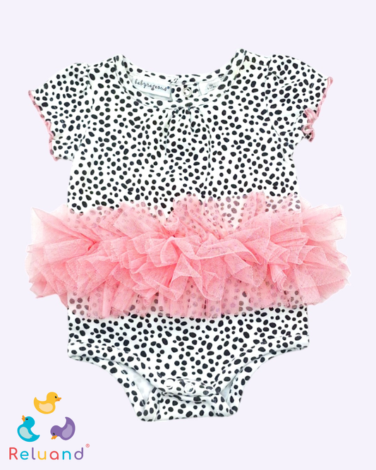 Body con mini tutú, blanco con manchas negras, Marca BabiesRus, Talla 3 meses.