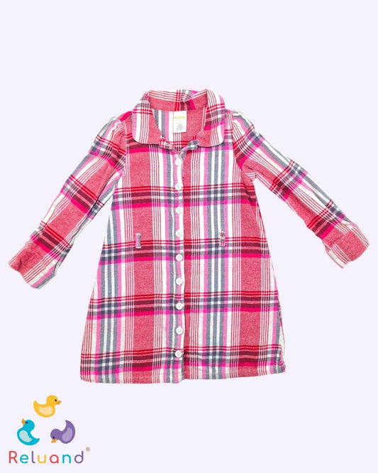 Vestido estilo leñadora en rosa, blanco y rojo, marca Gymboree, talla 4T.