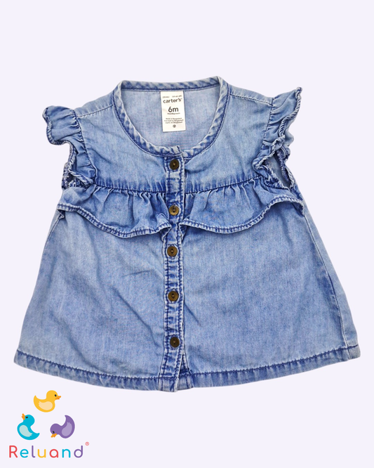 Blusa denim con bordes rizados, Marca Carter´s, Talla 6 meses.