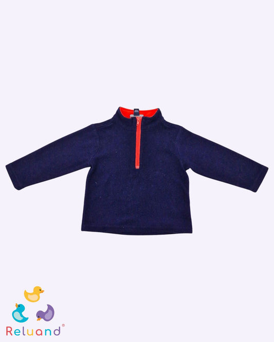 Saco azul oscuro con cremallera anaranjada, marca French Toast, talla 18 meses.