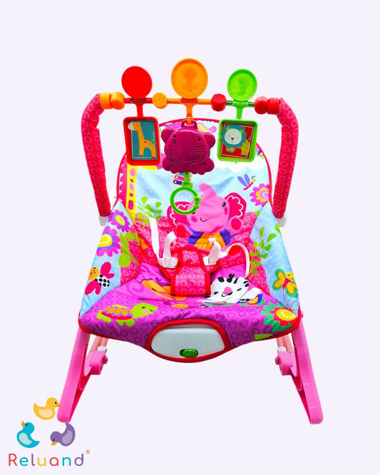 Silla vibradora/mecedora en color rosa con elefante en el arnes de ajuste.