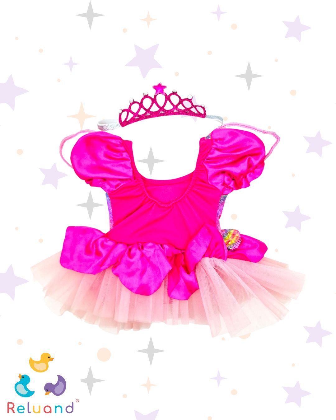Disfraz de princesa en color rosa con tutu y brillos, incluye tiara y accesorios, incluye accesorios.