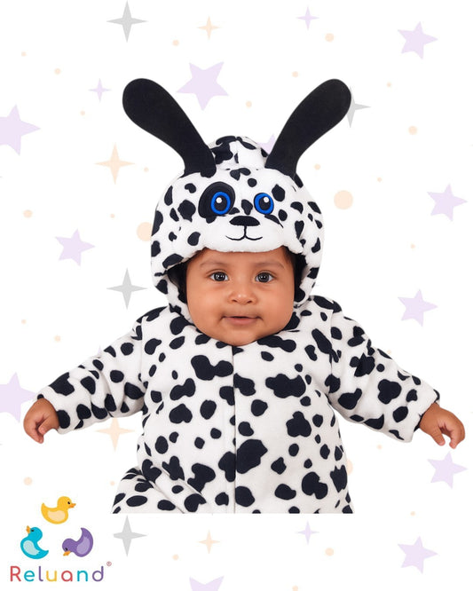 Disfraz perrito dálmata en colores negro y blanco, capota del personaje, marca Koalakids, talla 0 a 3 meses, incluye accesorios.