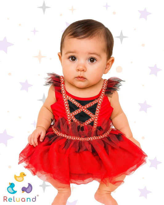 Disfraz de diablita en color rojo y negro con sus accesorios, talla 0 a 3 meses, incluye accesorios