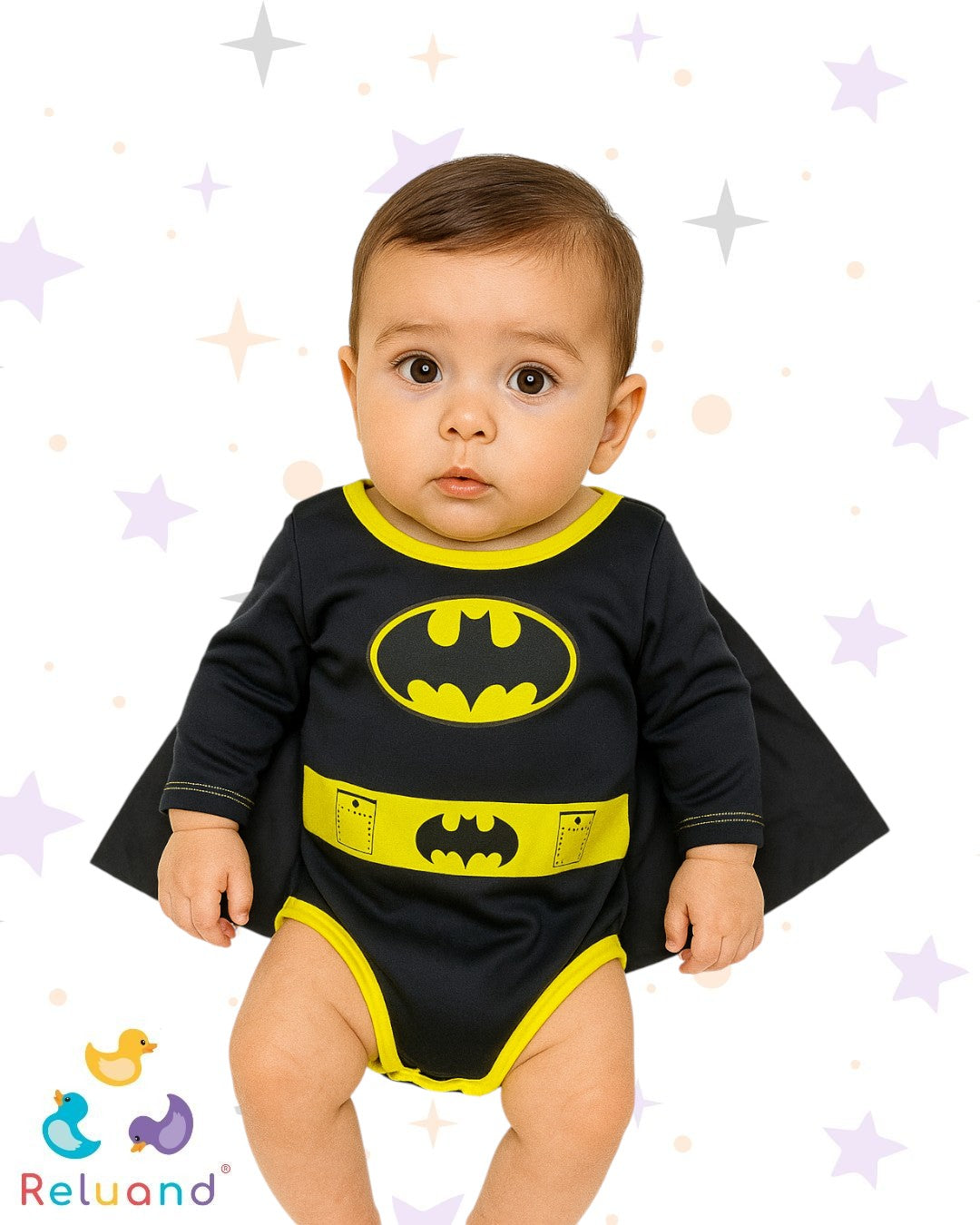 Disfraz Batman en color negro y amarillo: incluye body manga larga con logo y capa negra, talla 0 a 3 meses, incluye accesorios.