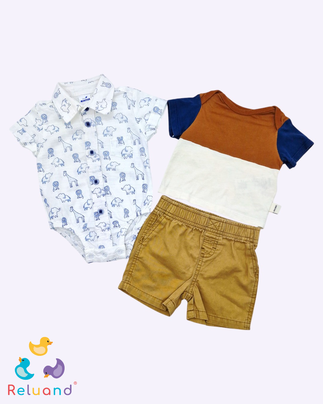 Conjunto X3 prendas: camisa blanca con grabados de animales, short camel y camisilla en 3 secciones azul, camel y beige, Talla 3 meses.