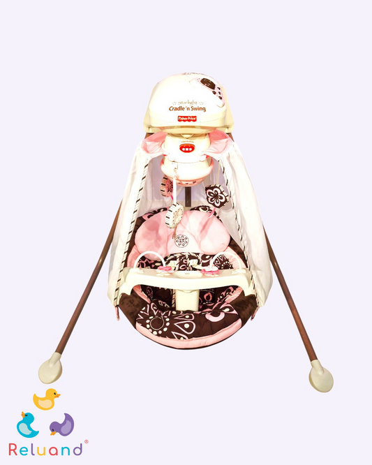 Silla vibradora color rosa con café, incluye velo que protege y accesorios, completamente funcional, Marca Fisher Price.