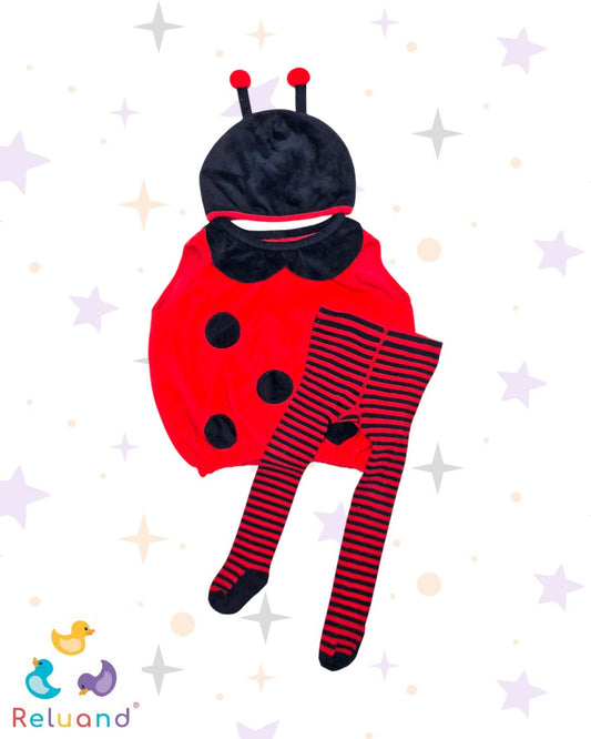 Disfraz de Mariquita en color rojo y negro, incluye accesorios, texturizado en 3D, talla 6 meses.