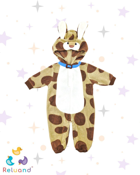 Disfraz de animal en color beige, café y blanco, collar azul con hebilla, talla 3 a 6 meses.