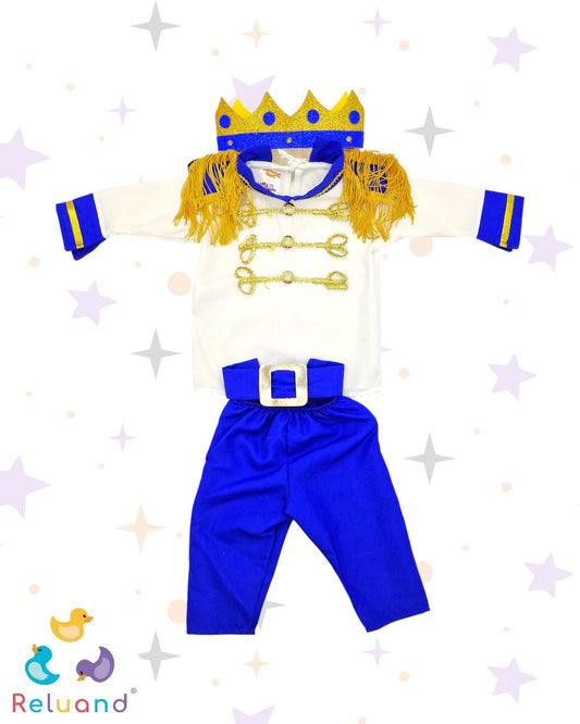 Disfraz de Príncipe en color blanco, azul y dorado, incluye accesorios, marca Fantastic Night, talla 0 a 6 meses.