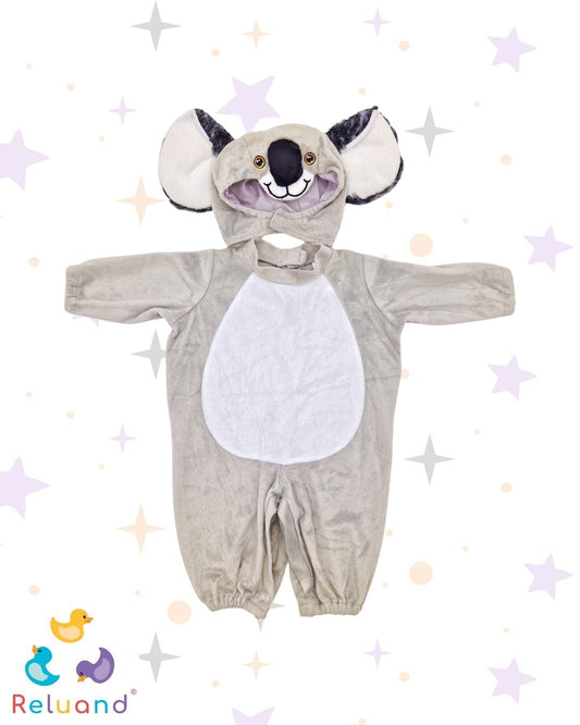 Disfraz de Koala en color gris, blanco y negro, en felpa para la comodidad de tu bebe, talla 3 a 6 meses.