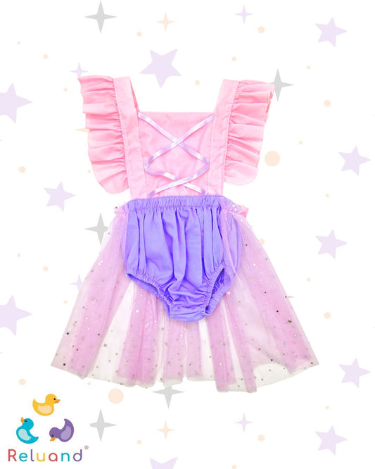 Vestido disfraz de Ariel la sirenita, color rosa, lila y tutu con brillos integrado, talla 0 a 6 meses.