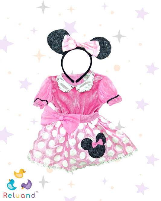 Disfraz Minnie Mouse en vestido color rosa con pepas blancas, moño y brillos, incluye diadema de orejitas, marca Disney Baby, talla 0 a 6 meses.