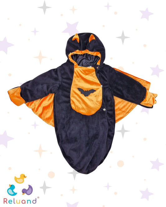 Disfraz Murciélago en estilo sleeping, colores negros y naranja satinado, con capota, marca Celebration Creations, talla 0 a 9 meses.
