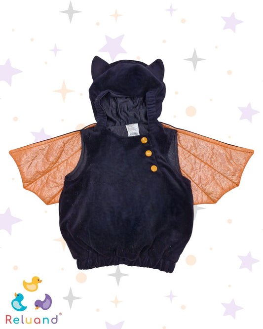 Disfraz de Murciélago en felpa, color negro con naranja brillante, con capota, talla 0 a 6 meses.