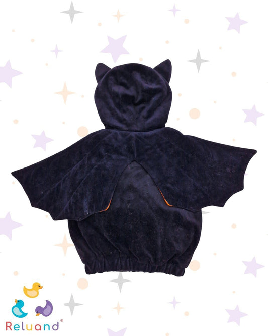 Disfraz de Murciélago en felpa, color negro con naranja brillante, con capota, talla 0 a 6 meses.