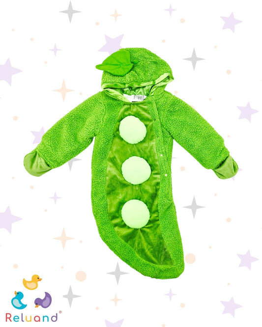 Disfraz de Arveja en sleeping de algodón color verde con capota, marca Celebration Creations, talla 6 a 12 meses.
