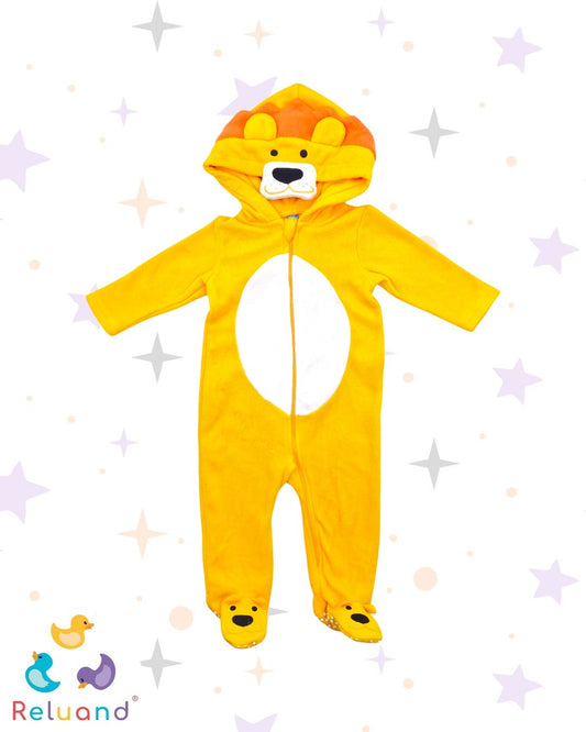Disfraz de León, color amarillo quemado con naranja y blanco, pies cubiertos, marca Boulevar, talla 12 meses.
