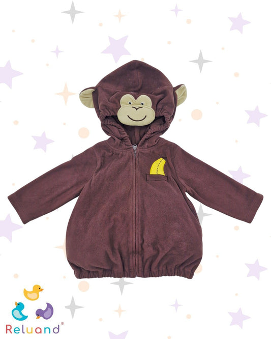 Disfraz de Mono, capucha con orejas y una cara de mono bordada o aplicada, cuerpo de color marrón que imita el pelaje del mono, marca Carter´s, talla 12 meses.
