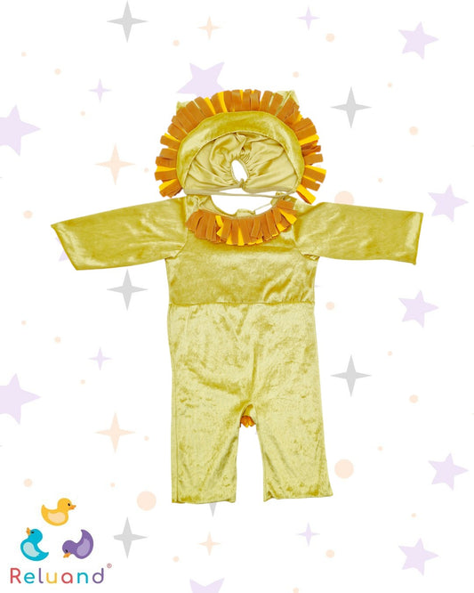 Disfraz de León, gorro y enterizo en color dorado brillante, marca Disguise, talla 12 a 18 meses.