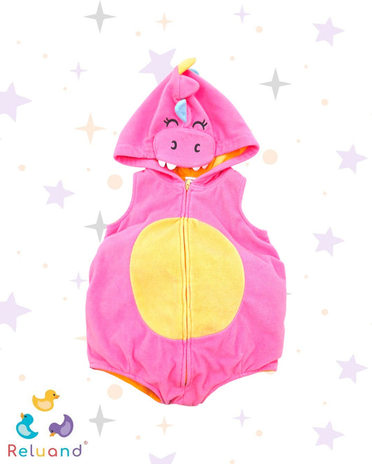 Disfraz de Dinosaurio rosa con pancita color durazno y capota personificada, marca Carter´s, talla 18 meses.