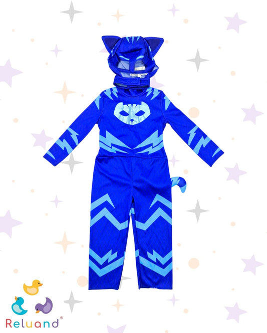 Disfraz de PJ Masks Cat Boy, colores azul y logo en metalizado, marca PJ Masks, talla 2T.
