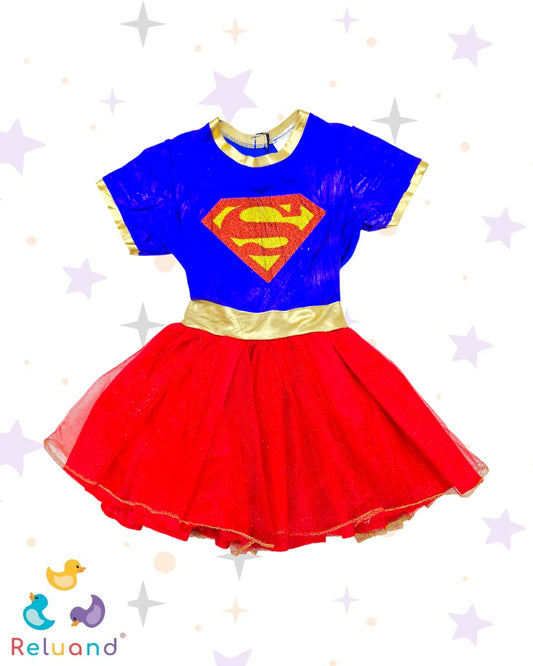 Disfraz super mujer para niña en color rojo, amarillo y azul, marca Rubie´s, talla 4T.
