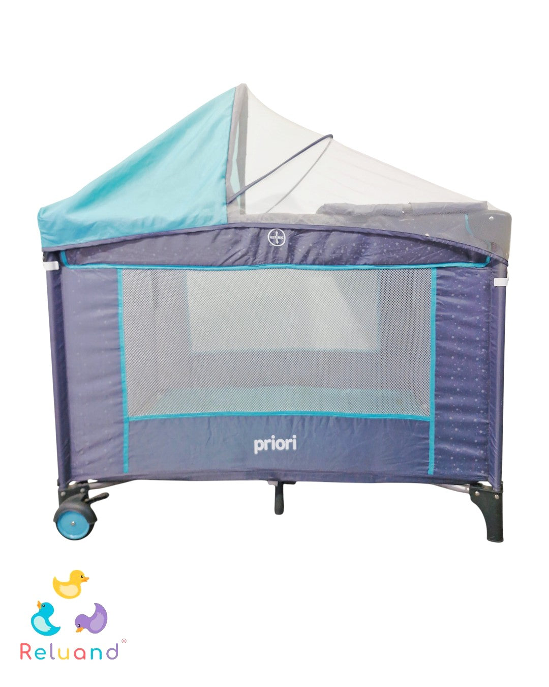 Cuna Corral Priori Ariel Blue Verde Menta con Gris — Con Cambiador y Toldillo | Buen Estado