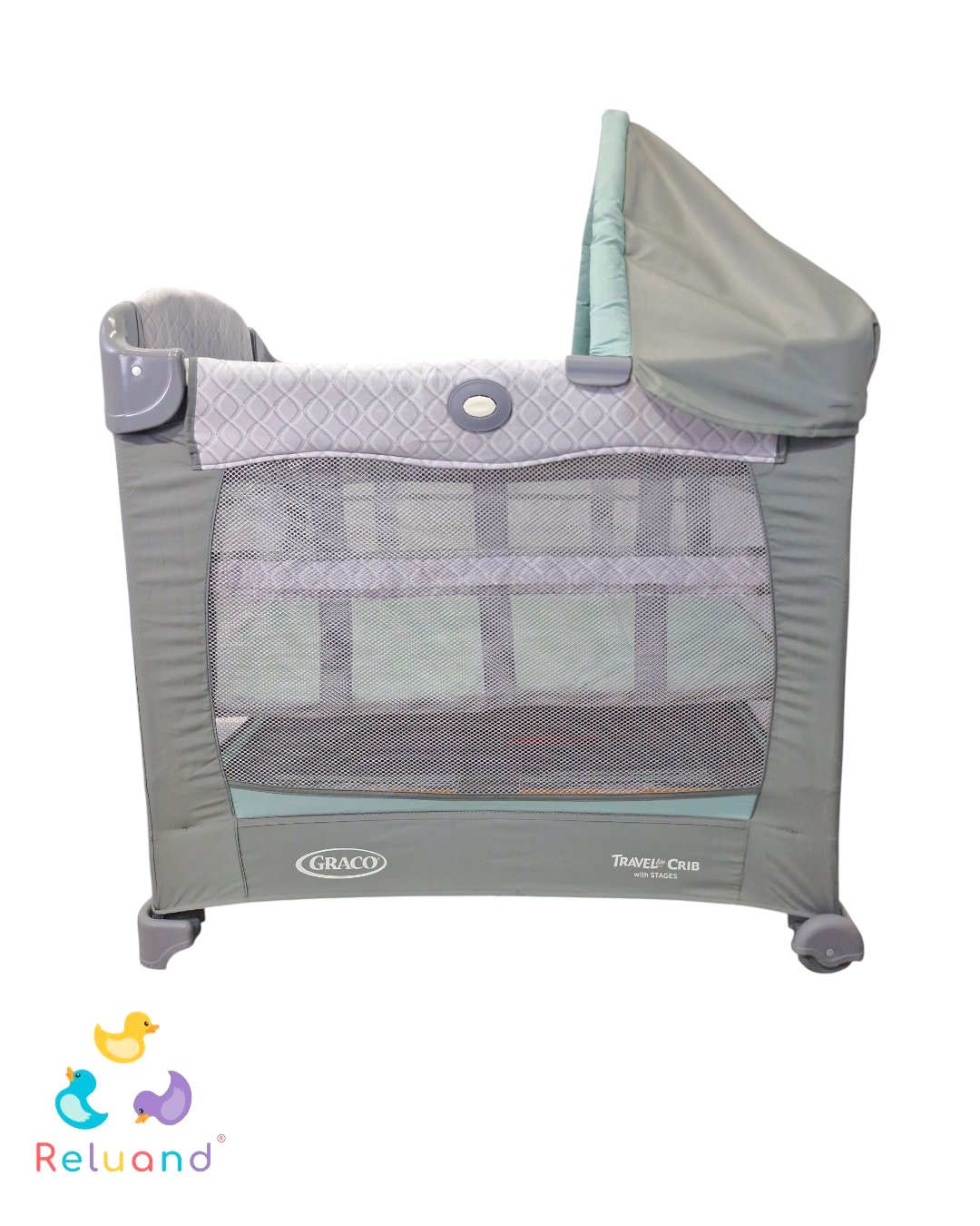 Cuna Corral Graco Traveler Little Crib Gris con Verde Menta — 3 Niveles y Capota | Usada
