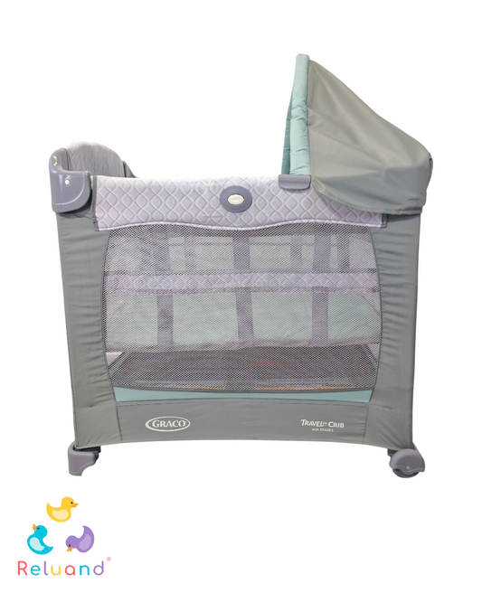 Cuna Corral Graco Traveler Little Crib Gris con Verde Menta — 3 Niveles y Capota | Usada